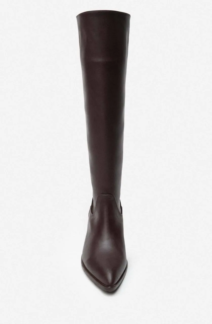 Bottes à talons marron mate à bout pointu.